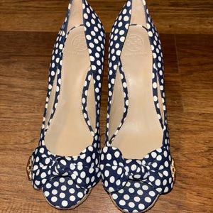 Tory Burch Dory Canvas Wedge Peep Toe Heels, Sz 8.5, NWOT